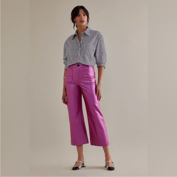 Anthropologie Pants - Anthropologie Maeve The Colette Faux Leather Magenta Cropped Wide Leg Pants